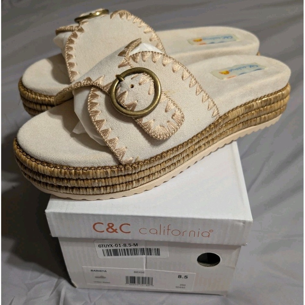C&C California Barista Platform Slide Sandals Womens 8.5 Beige Espadrille‎